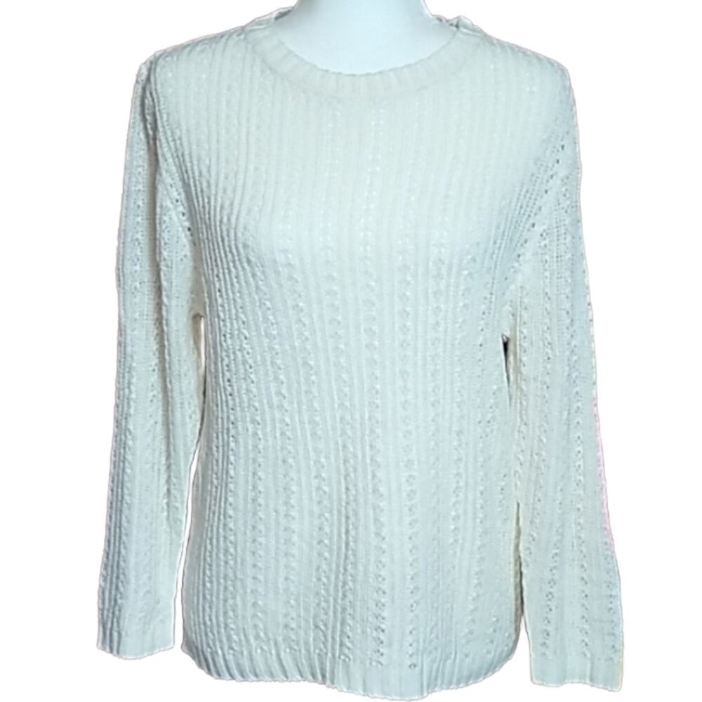 Jenny Womens Size Large Cream 100% Cotton Crochet Knit Coastal Grandma Sweater